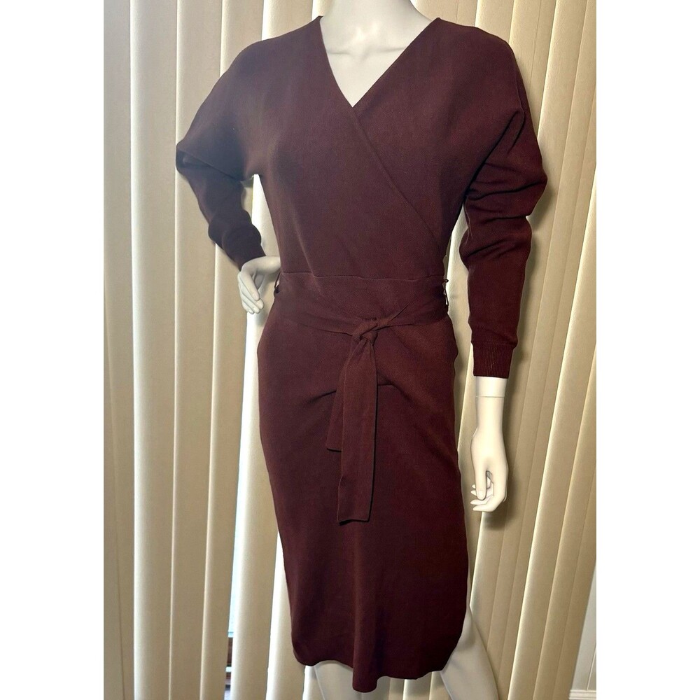 Nicole Miller New York XS Chocolate Brown Faux Wrap Belted Midi Sweater Dress